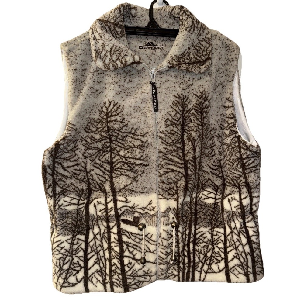 Vtg Denali Vest Plush Fleece Forrest Scene Cabin Core Full Zip Warm Women's XL